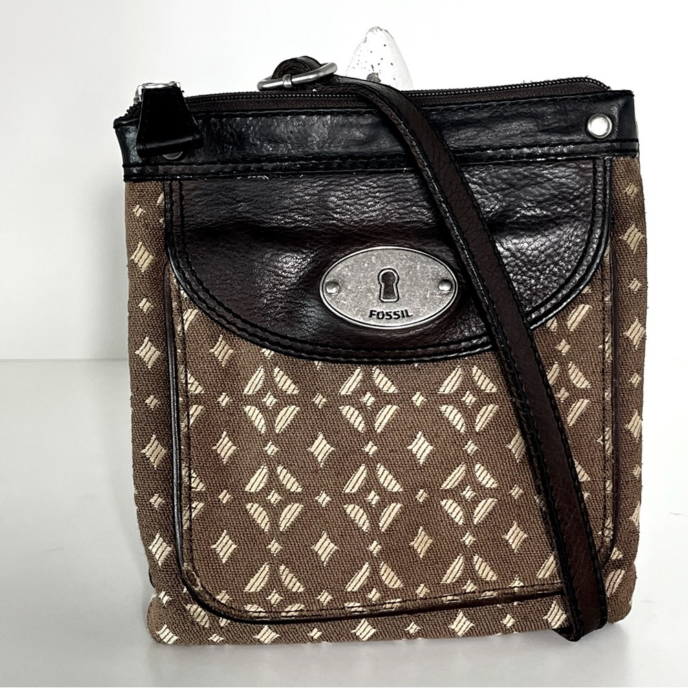 FOSSIL Maddox Rose Brown Leather & Canvas Crossbody Bag Casual Boho Urban Chic
